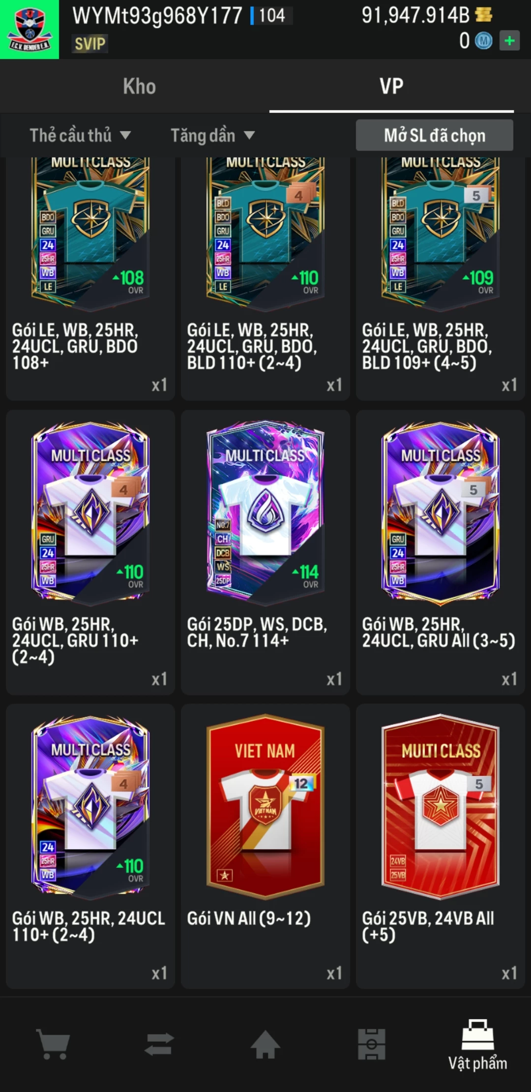 Ảnh ACC mở thẻ (LOẠI SUPER VIP) bao gồm có hơn 900+ đến 1100+ thẻ cầu thủ từ Siêu sao đến Miền núi các loại (ngẫu nhiên có: 01 thẻ +12 và 03 thẻ PRIME QH, XS, CP...) Acc có sẵn BP trắng từ 80.000 tỷ BP đến 120.000 tỷ BP kèm theo nhiều ngày SVIP